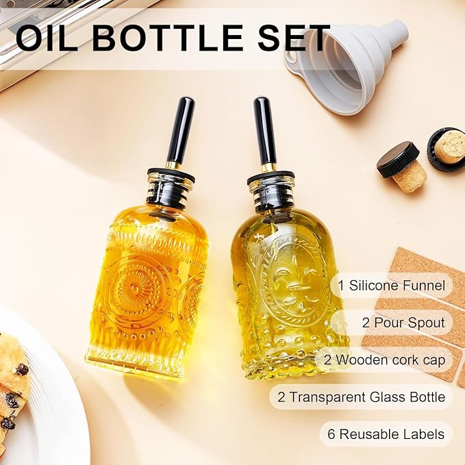 gegewawa Oil Bottle Set of 2, 7 oz Glass Dispensers with Metal Pourers | Embossed nonslip bottles include airtight stoppers, silicone caps and a funnel for pouring cooking oil, vinegar or syrup