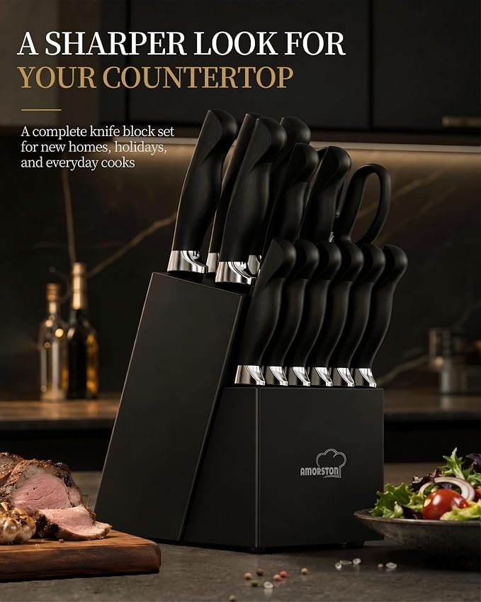 Amorston Knife Set, 15 Piece Kitchen Knife Set with Block and Built in Sharpener, German Stainless Steel Dishwasher Safe Knife Block Set, Black Kitchen Knives Set for Home Cooking