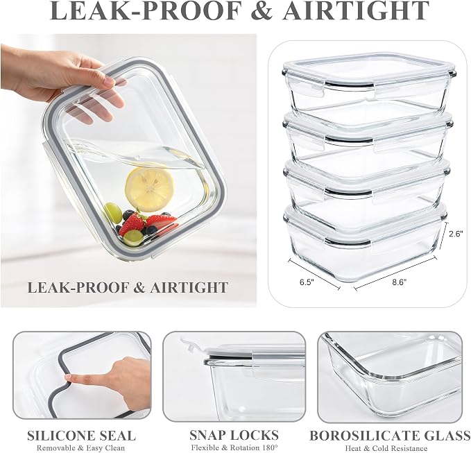 GEHE 4 Pack 52 oz Large Glass Food Storage Containers with Lids - Glass Meal Prep Containers For Baking, Storing, Airtight Lunch Container, Freezer, Dishwasher, Microwave and Oven Safe, BPA Free