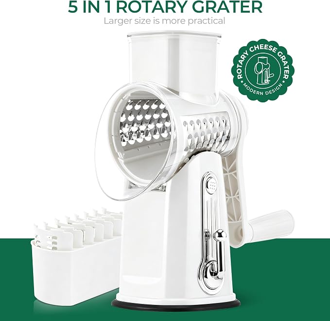 SUSTEAS Rotary Cheese Grater with Handle - Vegetable Shredder with 5 Well-designed Blades & Strong Suction Base,Round Mandoline Slicer & Food Chopper for Kitchen,with Blade Storage Box(White)