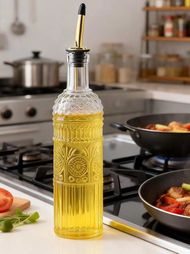 2 Pcs Olive Oil Dispenser Bottle for Kitchen,17oz Clear Glass Cooking Oil and Vinegar Dispenser Set, Coffee Syrup Dispenser with 2 Pourers and 1 Funnel (Two circles)