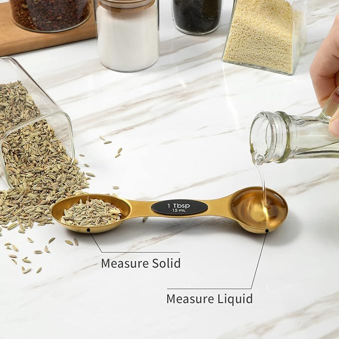 Magnetic Measuring Spoons Set, Stainless Steel, Dual Sided, Stackable, Dual Sided for Measuring Dry and Liquid Ingredients, Fits in Spice Jars, Set of 8(Gold )
