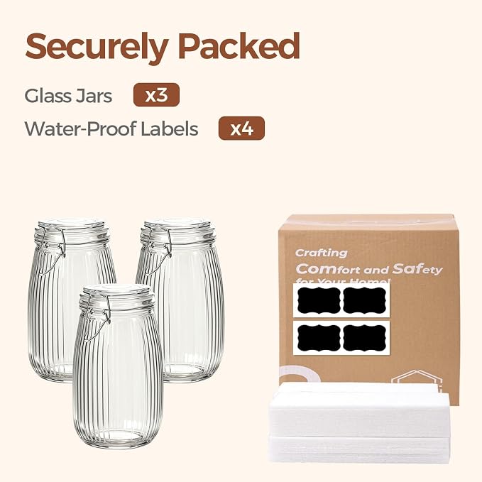 ComSaf Large Ribbed Glass Jars with Airtight Lids 51 oz 3 Pack Wide Mouth | Flour sugar coffee beans, Fermenting pickling, Farmhouse pantry decor, Countertop decor, Large capacity, Vintage Canisters