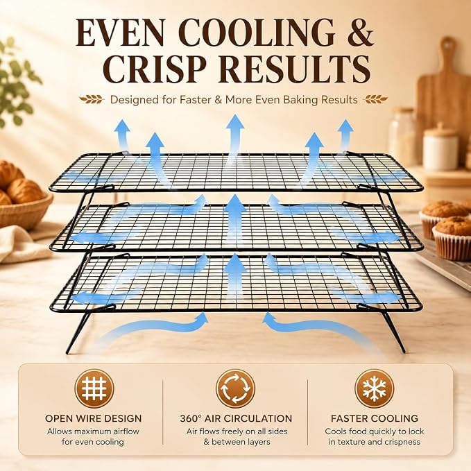Cooling Racks for Baking, 3-Tier Stackable Stainless Steel Wire Cooling Rack Set of 3 (10"x15") with 100 Paper, Oven Safe Heavy Duty Rust-Resistant Wire Rack for Cookie Sheet Roasting Grilling.