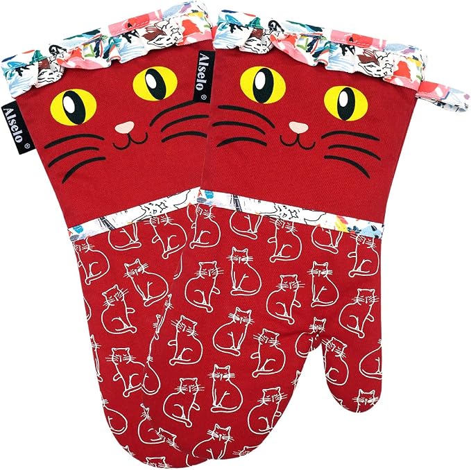 Alselo Oven Mitts, Heat Resistant with Soft Quilted Cotton Lining Set of 2, Fashion Animal Design with Silicone Printing Anti-Slip Kitchen Gloves for Safe Backing Cooking Barbecue (Red 2)
