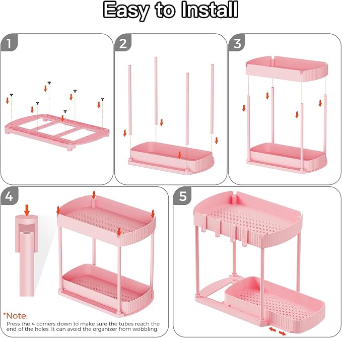 2 Packs Under Sink Pull-Out Storage Organizers, 14.8 Inches,Pink | Multi-Purpose Cabinet Organizers and Storage for Bathroom & Kitchen