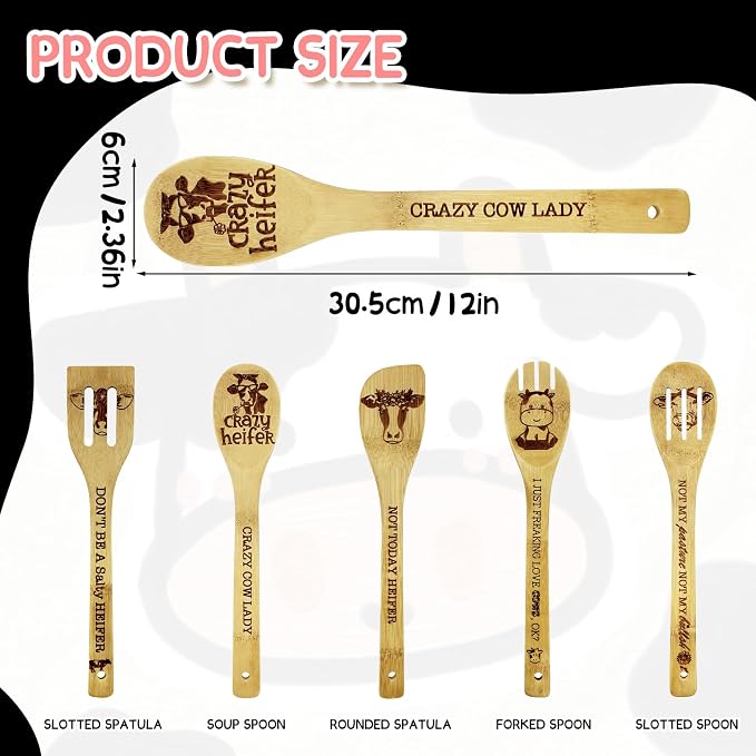 6PCS Cow Gifts for Women, Unique Cow Print Bamboo Spoons Set with Cute Keychain, Kitchen Gifts for Women Mom Sister Bestie