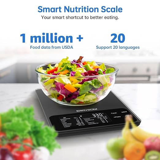 Smart Kitchen Food Scale, Nutrition App Tracks Calorie & Macros, 10kg/22lb | Powered by USDA Database; 30+ Nutrients in App; 12 Stats On-Screen; Visual Progress Charts; Dedicated Coffee Mode
