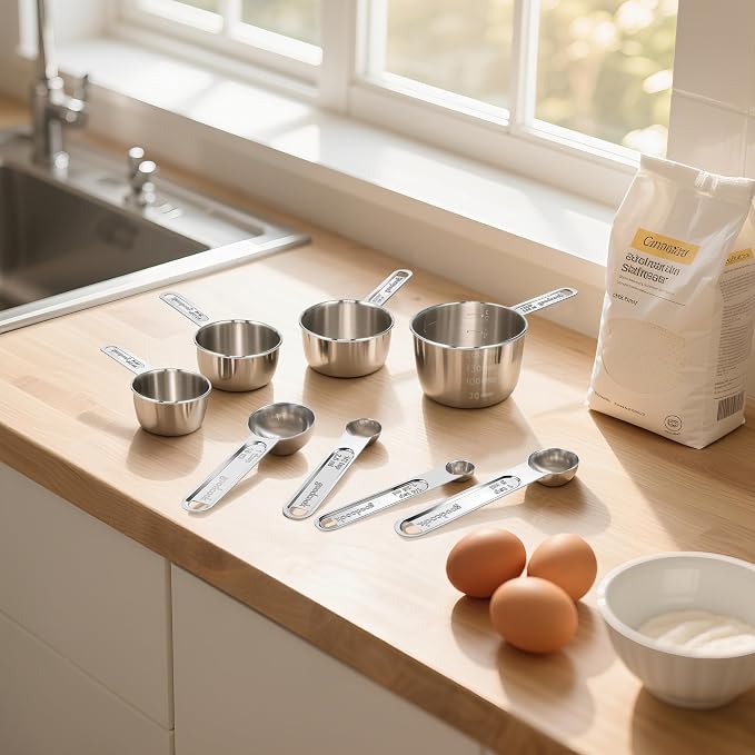 Measuring Cups and Spoons Set (8 Piece), Stainless Steel Measuring,4 Spoons, 4 Cups, Metal Measuring Cups for Cooking & Baking