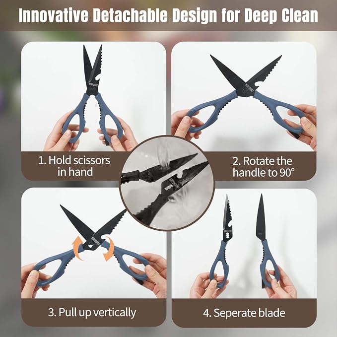 Kitchen Scissors All Purpose, Extra Sharp Kitchen Shears with Knife Sharpener & Sheath, Solid & Durable Stainless Steel Scissors with ANTI-RUST Black Titanium Plated, Dishwasher Safe - Blue