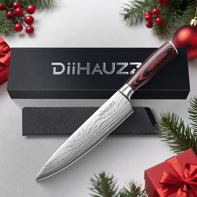 DiiHAUZZ 8 Inch Chef Knife, High Carbon Stainless Steel - Ultra Sharp Kitchen Gyutou Knife for Slicing Meat, Dicing Vegetables and Daily Meal Prep, Ergonomic Handle with Sheath, Gift Box