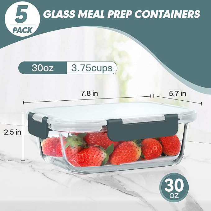 30 oz 5 Pack Glass Meal Prep Containers with Lids, Gray | Glass Food Storage Containers with Lids, Airtight Lunch Box, BPA-Free, Dishwasher, Microwave, Oven and Freezer Safe