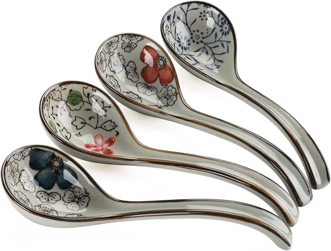 Ceramic Soup Spoons Set of 4 Porcelain Japanese Soup Spoon Long Handle Asian Soup Spoon Sets for Pho Ramen Noodles Wonton Dumpling Rice (Model 2#)