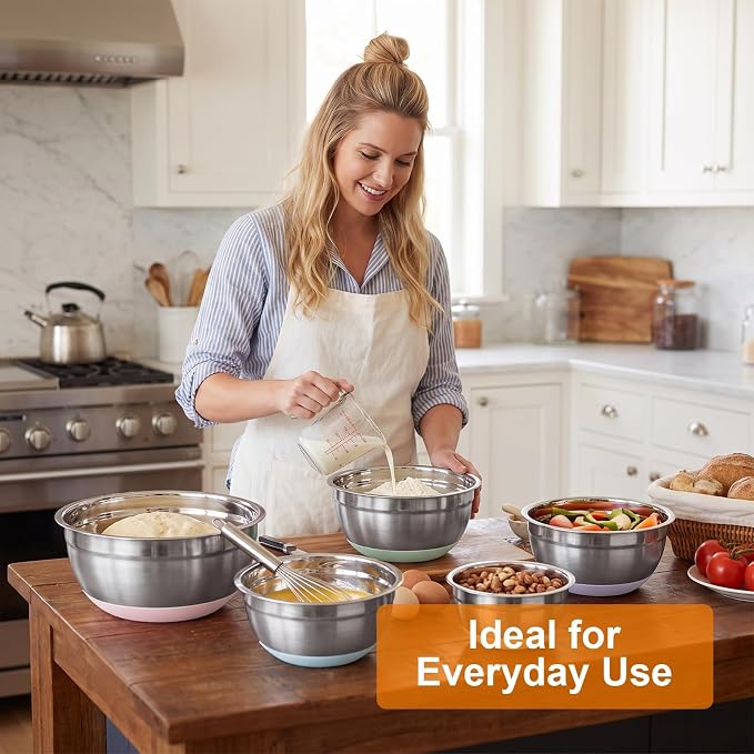 5PCS Stainless Steel Mixing Bowls Set With Non-Slip Silicone Base | 1.5/2/2.5/3.4/5.3Qt, Nesting Space Saving, Heavy Duty, Large Prep Metal Bowl For Mixing Baking, Serving, Kitchen Food Storage