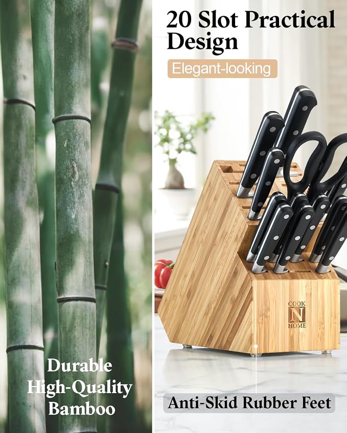 Cook N Home Basics,Bamboo Cutlery Block without Knives, Universal Knife Holder Countertop Butcher Block Knife Stand for Easy Kitchen Storage, 20-Slot