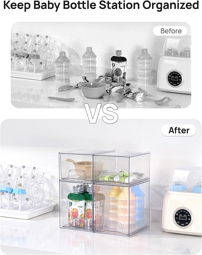 Vtopmart Clear Stackable Storage Drawers Set of 8, Plastic Organizer Bins | Multi-purpose Boxes for Baby Bottle Storage, Ideal for Kichen, Vanity, Bathroom, Undersink, Cabinet, Pantry Organization