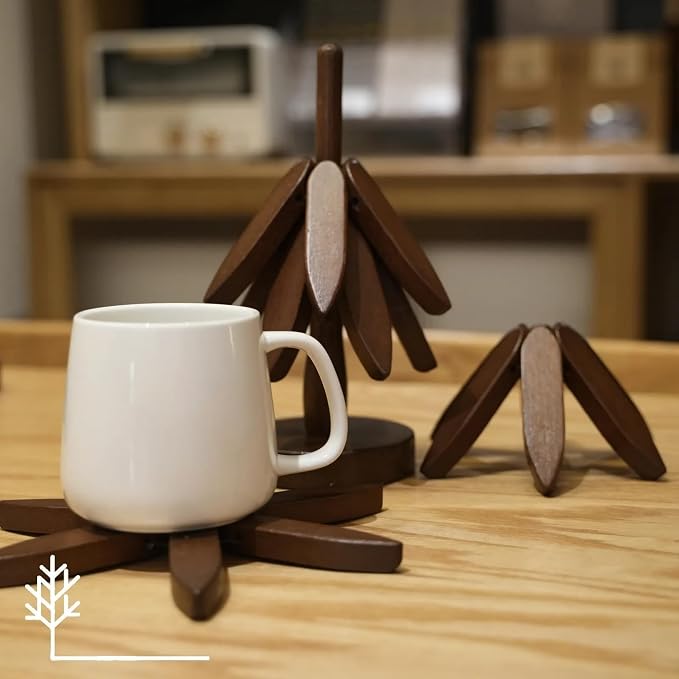 Wooden Trivet Tree for Hot Dishes, 4 Coasters + Stand, Walnut Finish | Foldable hot plate holder set with 4 wooden trivets and compact stand.