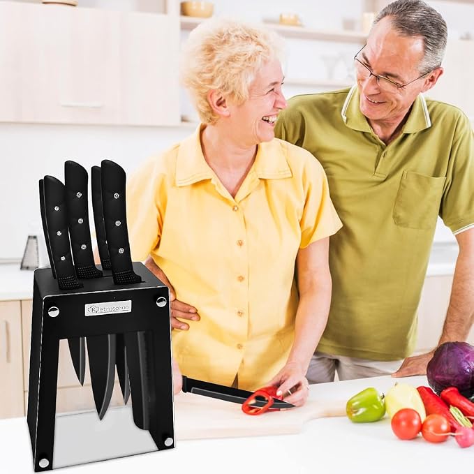 Kitchen Knife Set, Black Flower 6PC Stainless Steel Sharp Chef Knife Set with Acrylic Stand, Cooking Non-slip Knife Set with Block, Non-stick Colorful Coating Gift for Women Girls (Dark Black)