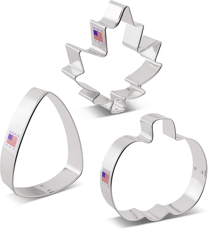 Ann Clark Halloween Fall Fun Cookie Cutters 3-Pc Set (Pumpkin, Maple Leaf, Pie Slice/Candy Corn) Made in USA