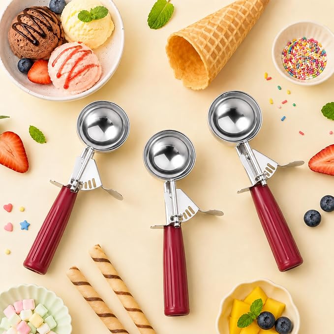 1.33oz Ice Cream Scoop with Trigger #24 - Stainless Steel Cookie Scoop for Baking, Portion Scoop for Cookie Dough, Cupcake, Mashed Potatoes - Easy Portion Control, Comfortable Non-Slip Handle (Red)