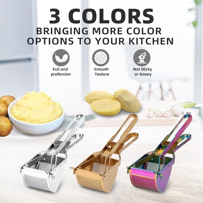QRU Large Potato Ricer, Heavy Duty Stainless Steel Potato Masher for Commercial and Home Use, Fruit Press Baby Food Masher (Rainbow)