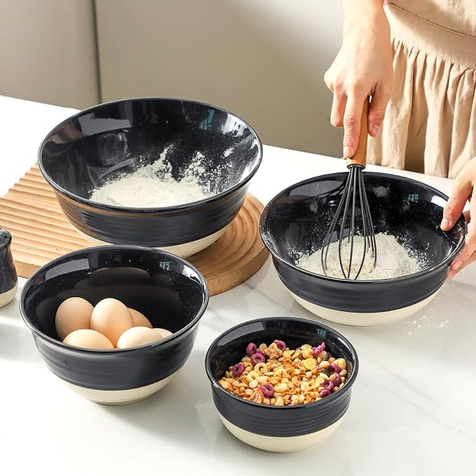 HASENSE Nesting Ceramic Mixing Bowls Set of 4, 2.5/1.5/1.0/0.5 Qt Black & Beige Stoneware Bowls, Farmhouse Bowls for Cooking, Baking, Fruit & Holiday Serving, Dishwasher & Microwave Safe