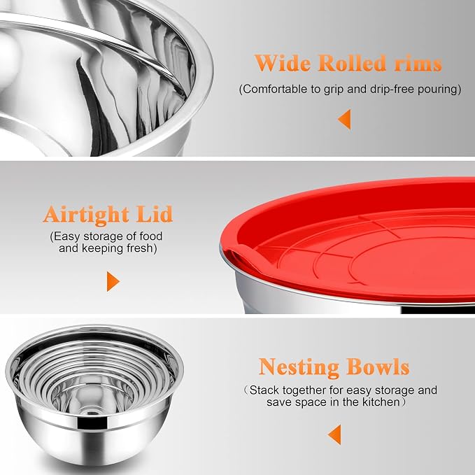 TeamFar Mixing Bowls with Lids Set of 7, Stainless Steel Nesting Mixing Bowls Set with 16 PCS Kitchen Utensils for Prepping Mixing Serving, 7, 4.5, 3, 2.5, 1.5, 1.2, 0.7 QT, Colorful
