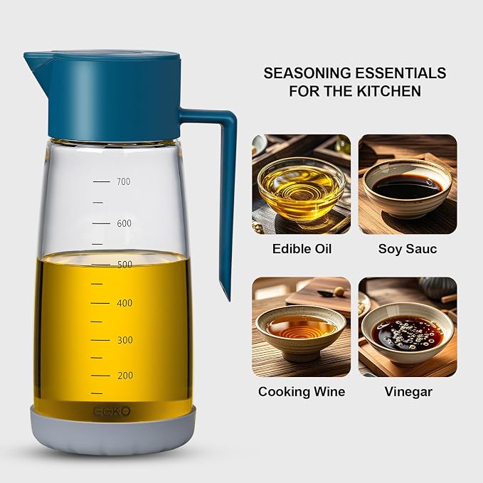 Olive Oil Dispenser Bottle for Kitchen with Leakproof and Dust Cover, Auto-Open & Close Glass Olive Oil Bottle with Non-Slip Bottom 600ml Cooking Oil and Vinegar Cruet Dispenser (Blue)