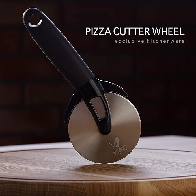 Premium Professional Pizza Cutter Wheel By VestaHomeStore - With Sharp Angled Stainless Steel Blade, Ergonomic Anti-Slip Handle & Durable Blade Cover - Ideal For Pizza, Pies, Waffles and Dough Cookies