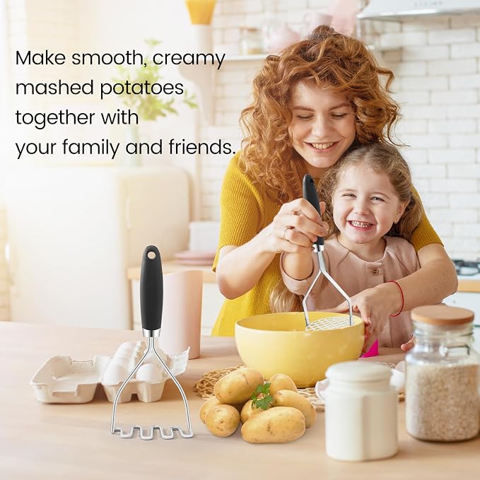2Pcs Potato Masher Set with Silicone Handle, Premium Stainless Steel Potato Masher, Integrated & Wire Masher for Potatoes, Avocado, Vegetables and Baby Food