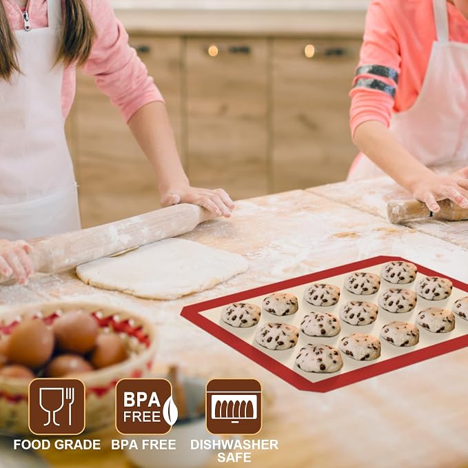 HOTEC Silicone Baking Mats 3 Pack – Thickened Non-Stick Reusable Silicone Baking Sheets for Oven – Cookie & Macaron Mats – 2 Half Sheet + 1 Quarter Sheet – BPA-Free, Dishwasher Safe