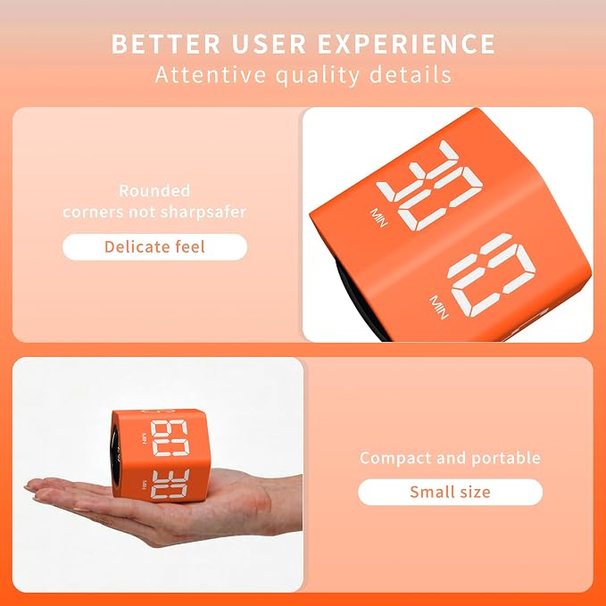 Productivity Timer 1, 5, 10, 30, 60 Minutes Preset, Desk Cube Timer with Gravity Sensor/Mute/Vibration for ADHD, Work, Study, Kitchen, Back to School (Luxe Orange)