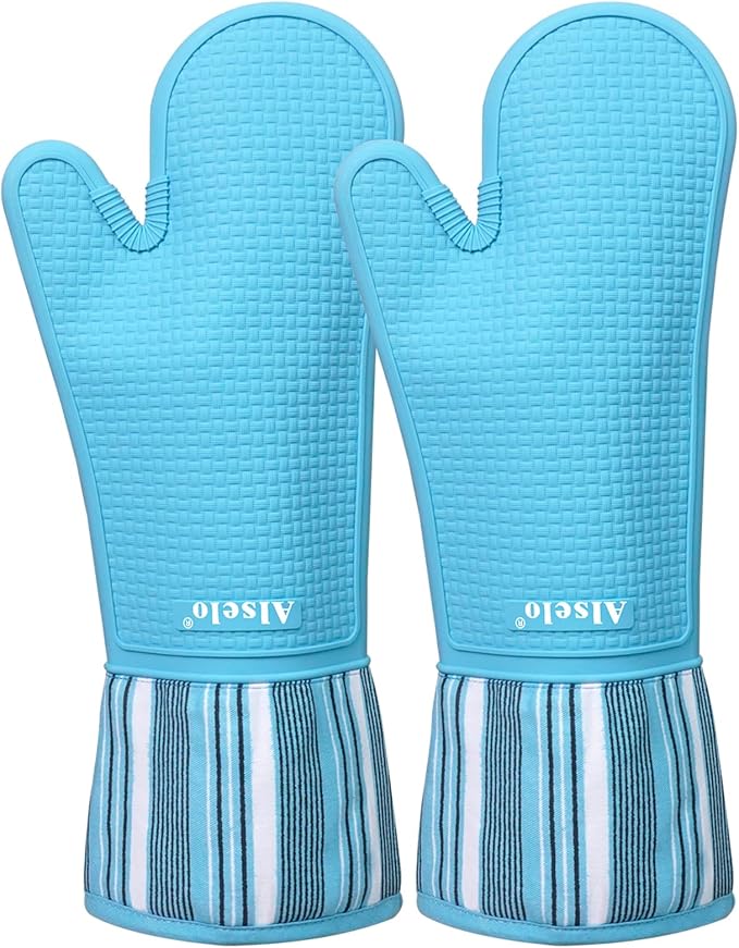 Alselo Oven Mitts Heat Resistant Silicone Kitchen Gloves for 550 Degrees with Waterproof and Non-Silp, Oven Gloves for Baking Cooking Barbecue Microwave Machine Washable (2, Extra Long Sapphire)