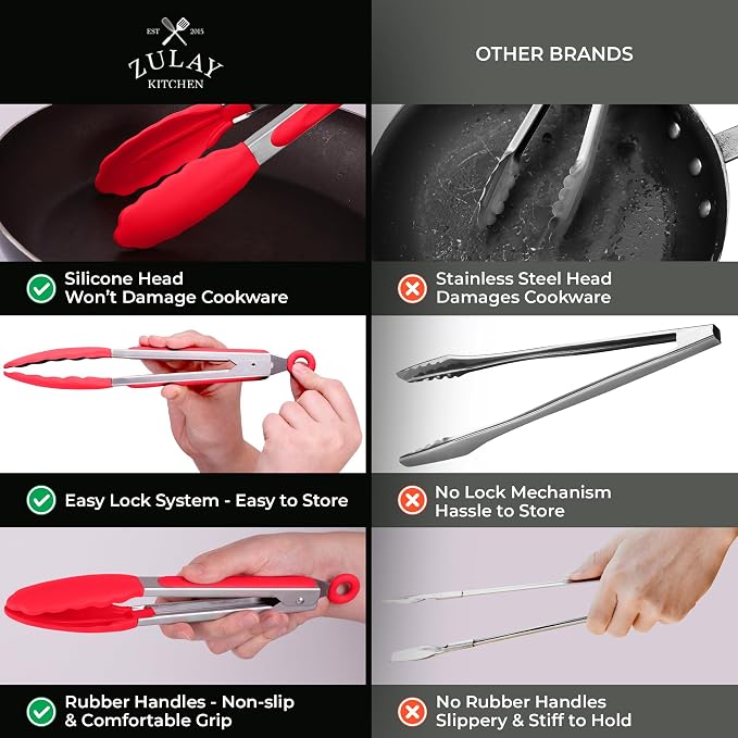 Zulay Stainless Steel Kitchen Tongs with Silicone Tips - Set of 2 (9” & 12”) Locking Cooking Tongs with Non-Slip Grip - Heat Resistant, BBQ Food Tongs for Non-Stick Cooking Pans (Silver/Soft Red)