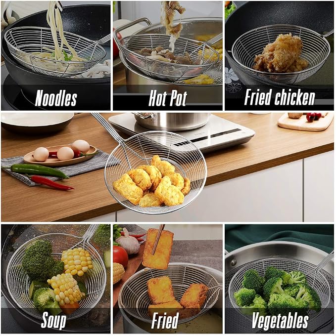 YFWOOD 7 Inch Spider Strainer Skimmer, Slotted Spoon for cooking | Reinforced Double Coil Wire Skimmer with Handle Stainless Steel Strainer Ladle ,for Kitchen Deep Frying Food Spaghetti Noodle