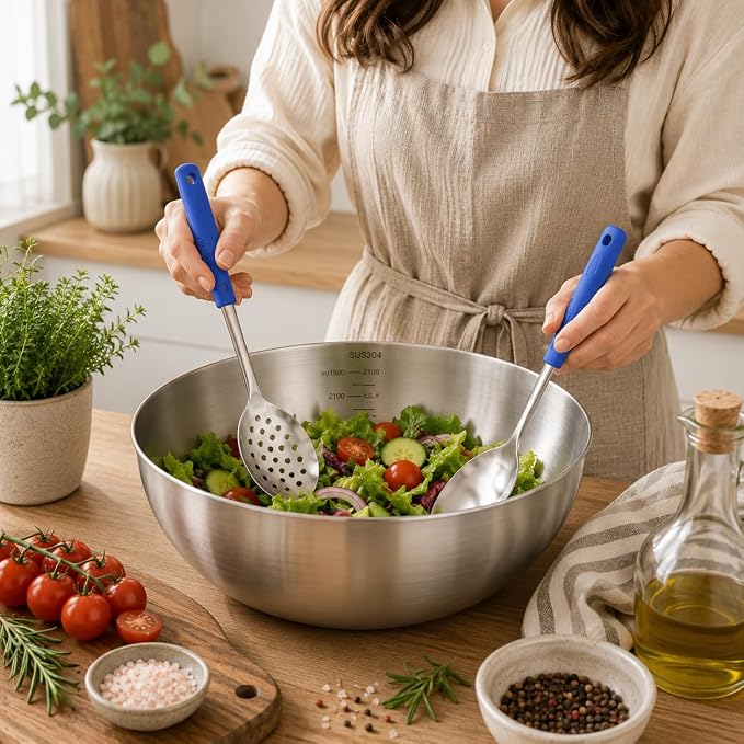 Serving Spoon Set with Silicone Handles,2-Piece spoon | Stainless Steel Serving Spoon, Slotted Spoon & Soup Ladle Set for Buffet and Home Kitchen