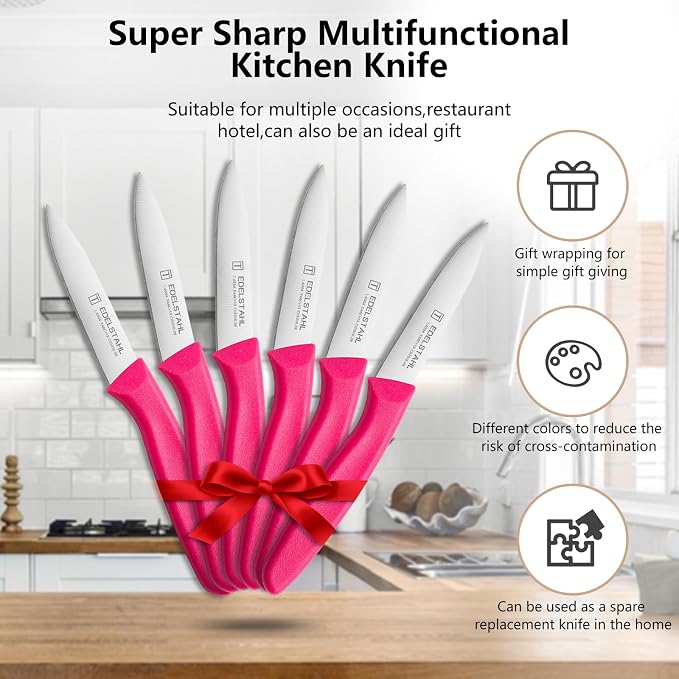 Paring Knives Set,Stainless Steel Paring Knife Set of 6,Sharp Vegetable&Fruit Knifes,Small Knife Set,Ergonomic Handle Paring Knives,Straight Edge Paring Knife Set,Pink Peeling Knife