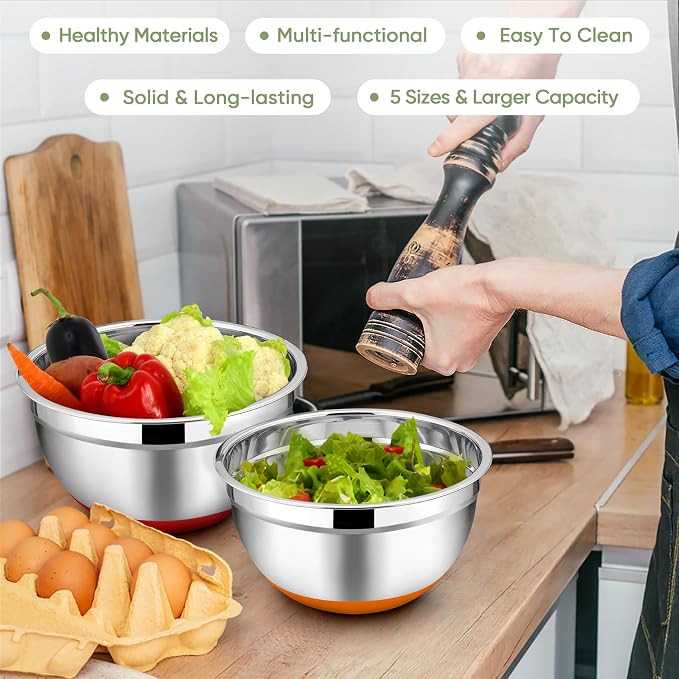 TeamFar Mixing Bowls with Lids Set, 1/1.5/2.5/3.5/7 QT, Stainless Steel Large Metal Nesting Salad Bowl Set of 5, Healthy & Sturdy, Non-slip Bottom & Airtight Lid, Multi-Color