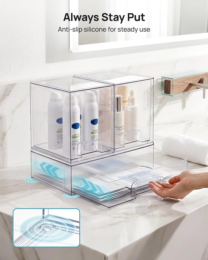 Vtopmart Clear Stackable Storage Drawers Set of 3, Plastic Organizer Bins | Multi-purpose Boxes for Baby Bottle Storage, Ideal for Kichen, Vanity, Bathroom, Undersink, Cabinet, Pantry Organization