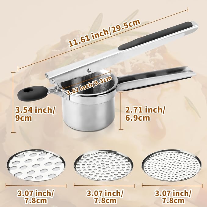 15oz Potato Ricer Heavy Duty Stainless Steel 3 Interchangeable Discs Potato Masher Spaetzle Maker with Silicone Handle Potato Press Kitchen Tool Ricer for Mashed Potatoes for Kitchen