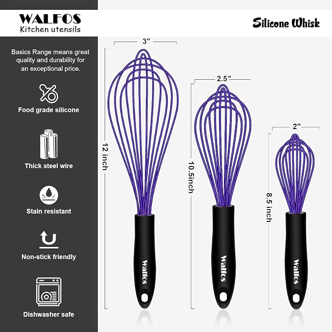 Walfos Silicone Whisk, Non Scatch Coated Whisk for Cooking & Baking- Set of 3-Heat Resistant Kitchen Whisks for Non-stick Cookware, Balloon Egg Wisk Perfect for Blending, Beating, Frothing (Blue)