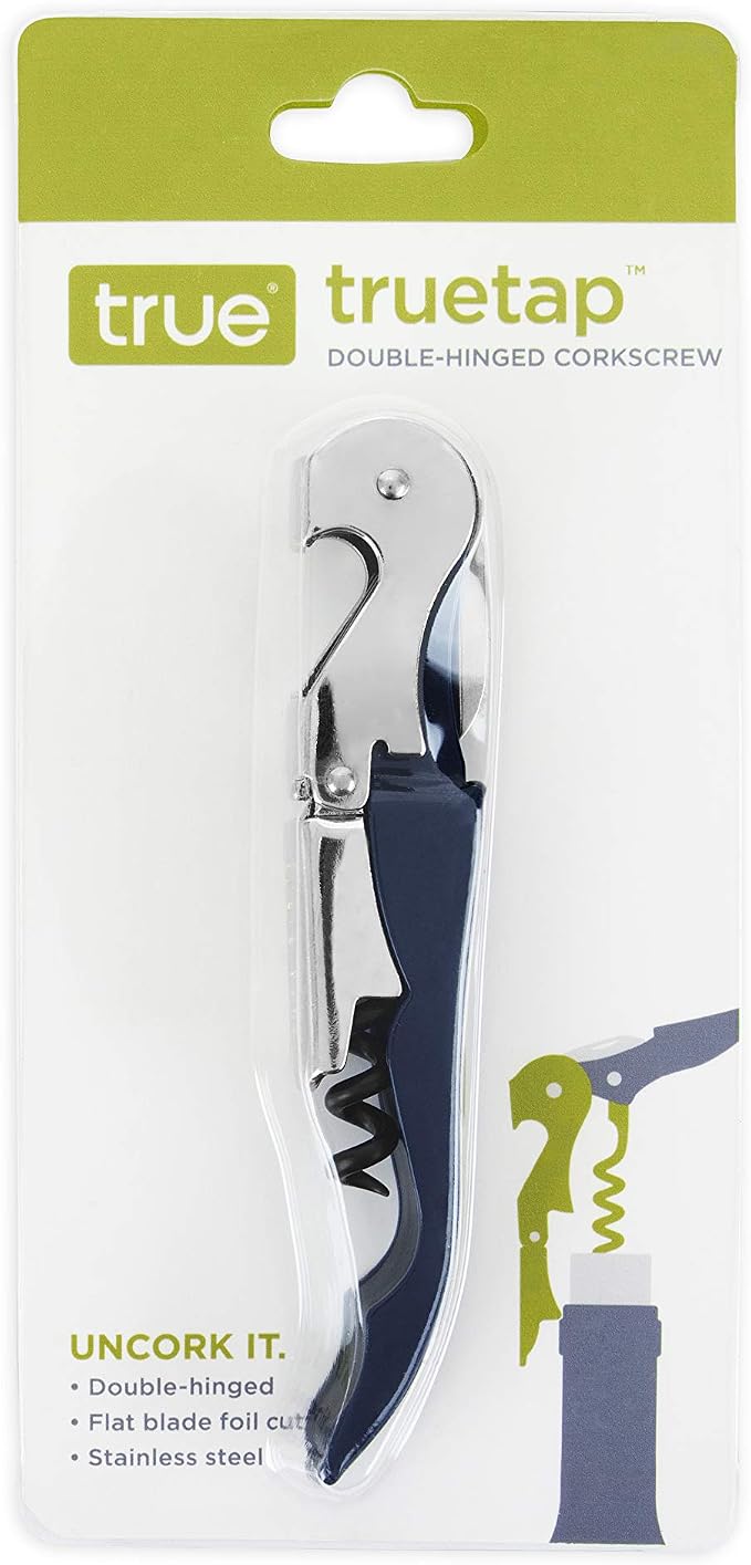 True Truetap Double Hinged Waiter's Corkscrew Wine Opener, Stainless Steel Wine Bottle Opener with Built In Foil Cutter, Home Bar Tools, Bar Cart Accessories, Wedding Gifts, Set of 1, Navy Blue