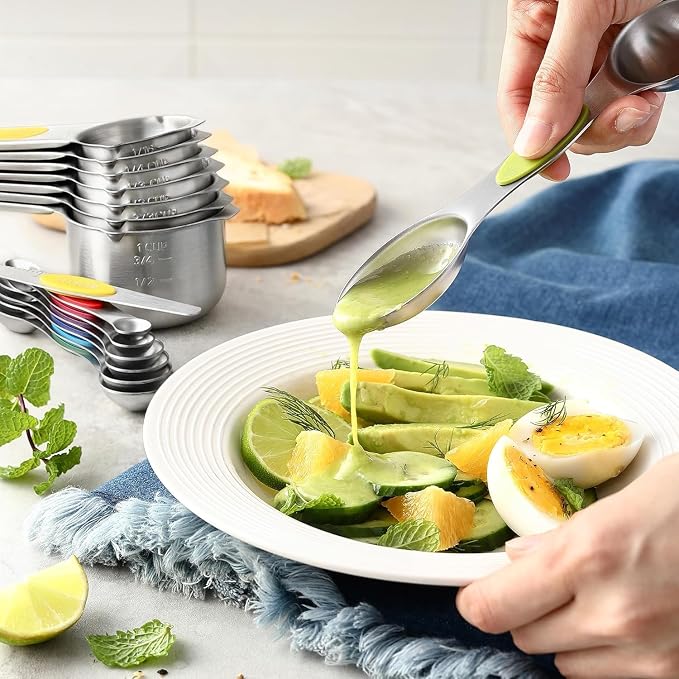 Magnetic Measuring Cups and Spoons Set, N52 Magnetic Nesting Design magnetic spoons, 304 Stainless Steel measuring cups, Dual-sided Design Set of 15 with Leveler for Dry & Liquid Ingredients
