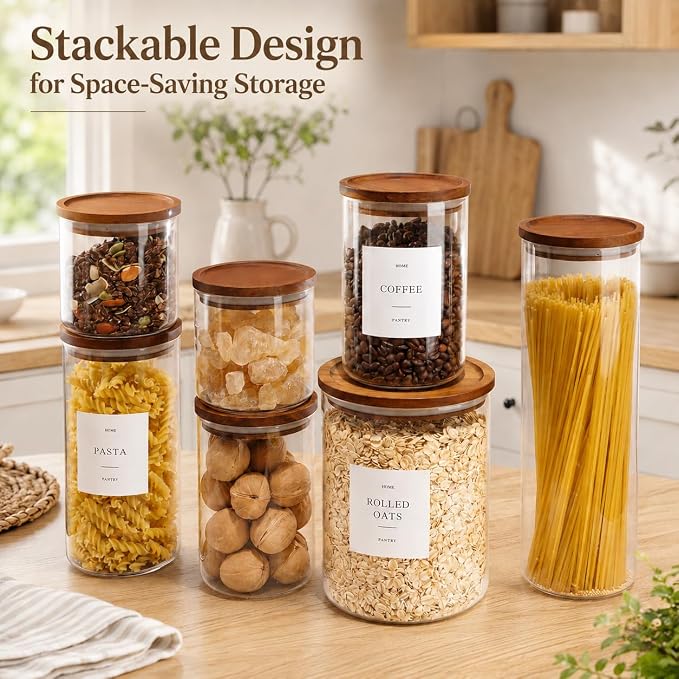 6 Pack Glass Jars with Acacia Lids, 21oz Pantry Airtight Storage Containers | Glass Kitchen Canisters with 105 Labels, Food Storage Containers for Pantry with Wood Lids for Coffee, Tea, Sugar, Spice