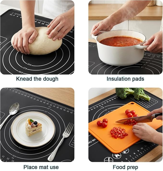 Silicone Pastry Mat 28" x 20" Extra Thick Silicone Baking Mat with Measurements and Edge Heightening Non-stick Food Grade Dough Rolling Mat Kneading Sheet for Pastry, Bread, Cookies (Black)