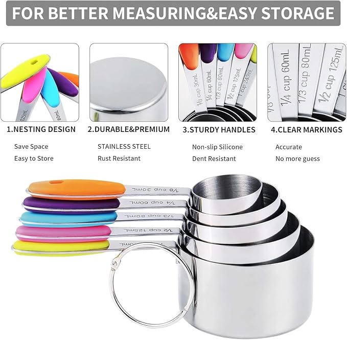 Nesting Measuring Cups and Spoons Set, Stainless Steel with Soft Silicone Handle – Heavy Duty & Dishwasher Safe for Measuring Dry/Liquid Ingredients, Ideal for Cooking & Baking (14)