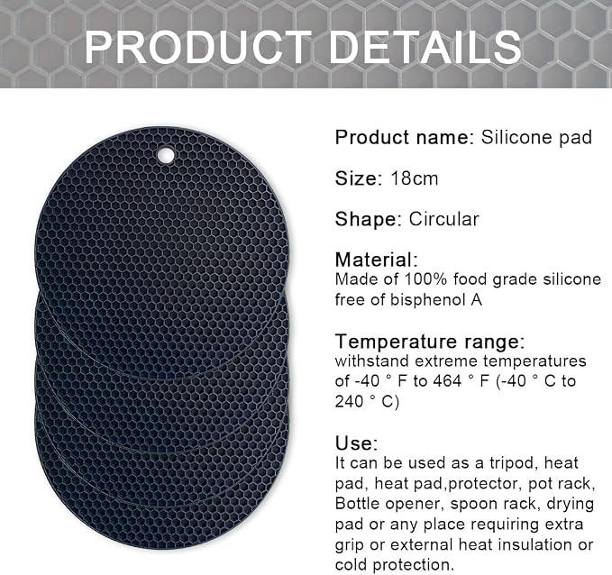 7-Inch Round Silicone Trivet Mats - 4-Pack Non-Slip Heat Resistant Hot Pads for Kitchen Countertops, Pots and Pans (Black)