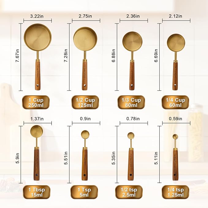 Premium Stainless Steel Measuring Cups and Spoons Set with Wood Handle | 8-Pieces Kitchen Essentials for Baking, Cooking, Coffee with Ergonomic Grip & Engraved Markings (Gold8)
