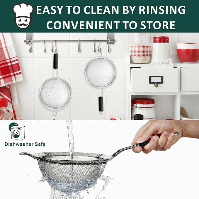 Yimi Fine Mesh Strainers Skimmers Set of 4, Stainless Steel Sieve Strainer Wire Sifter Colanders with Anti-Scald Handle,Kitchen Utensil Ideal for Strain Pasta Quinoa Rice, Ideal for Gift