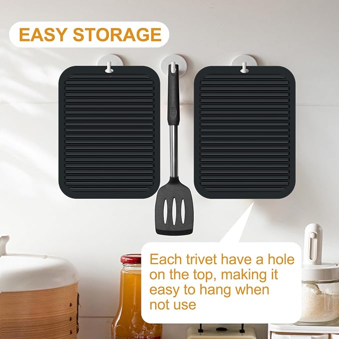 9"x12" Heat Resistant Silicone Trivets for Hot Pots and Pans, Hot Dishes | 2 PCS Large Multipurpose Non Slip Pot Holders Hot Pads Mats for Kitchen Countertop Table, Food Grade & BPA Free, Black